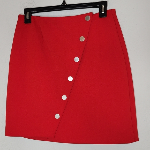 Maje Snap Asymmetrical Button Red Justine Mini Skirt Size 40 Size 8 - Picture 12 of 16